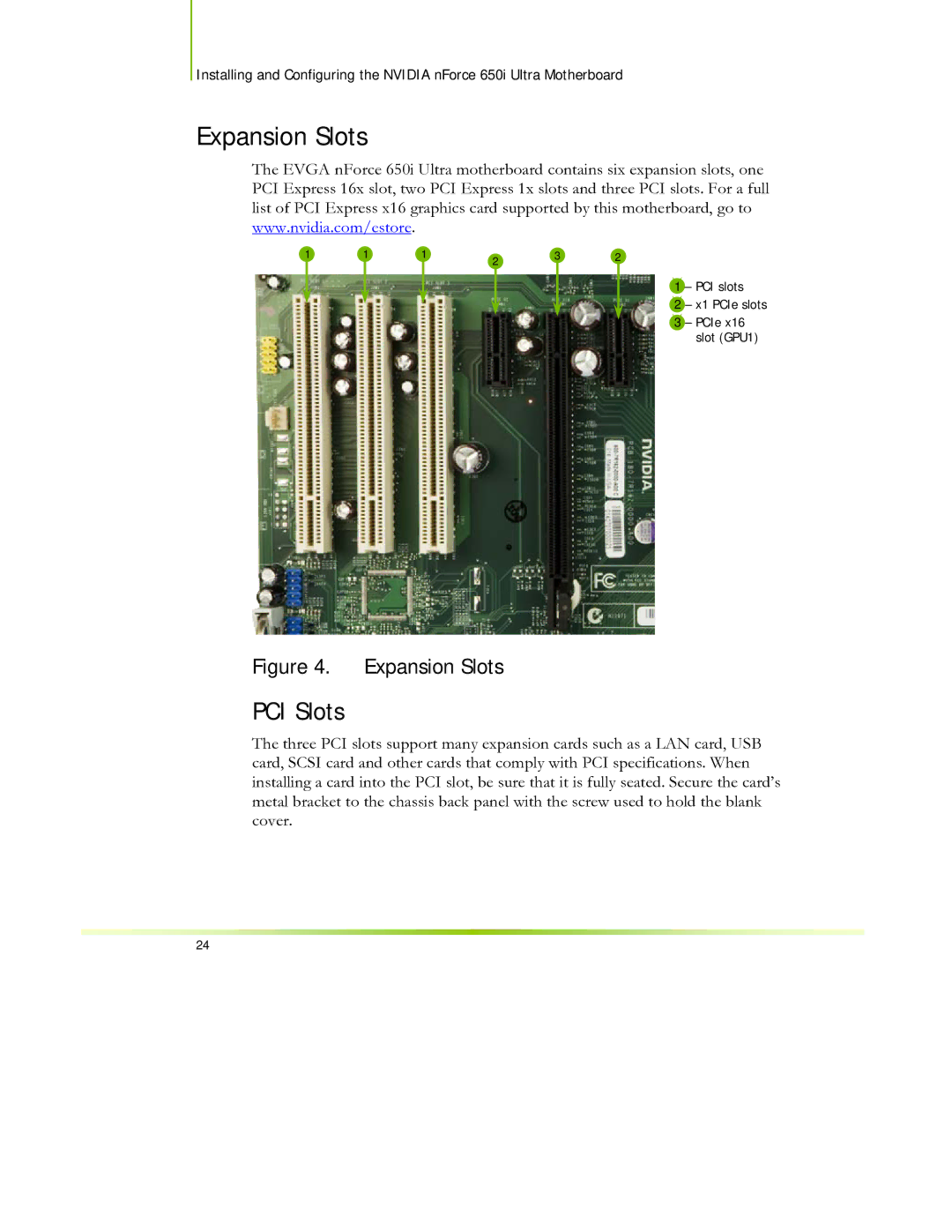 EVGA 650I manual Expansion Slots, PCI Slots 