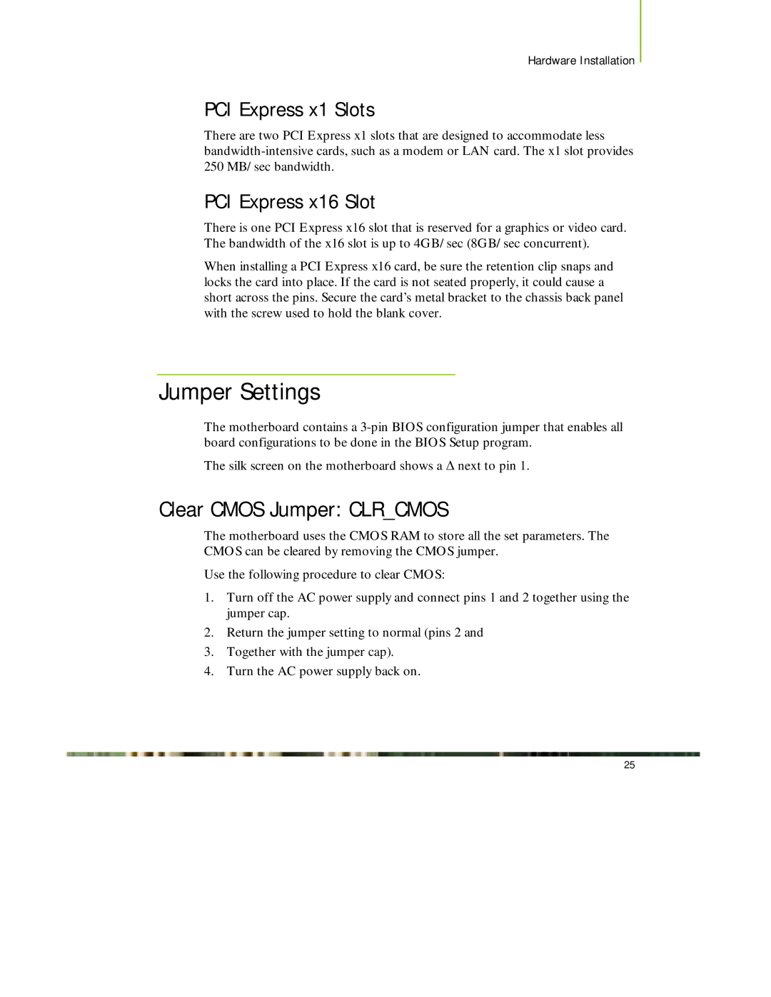 EVGA 650I manual Jumper Settings, Clear Cmos Jumper Clrcmos, PCI Express x1 Slots, PCI Express x16 Slot 