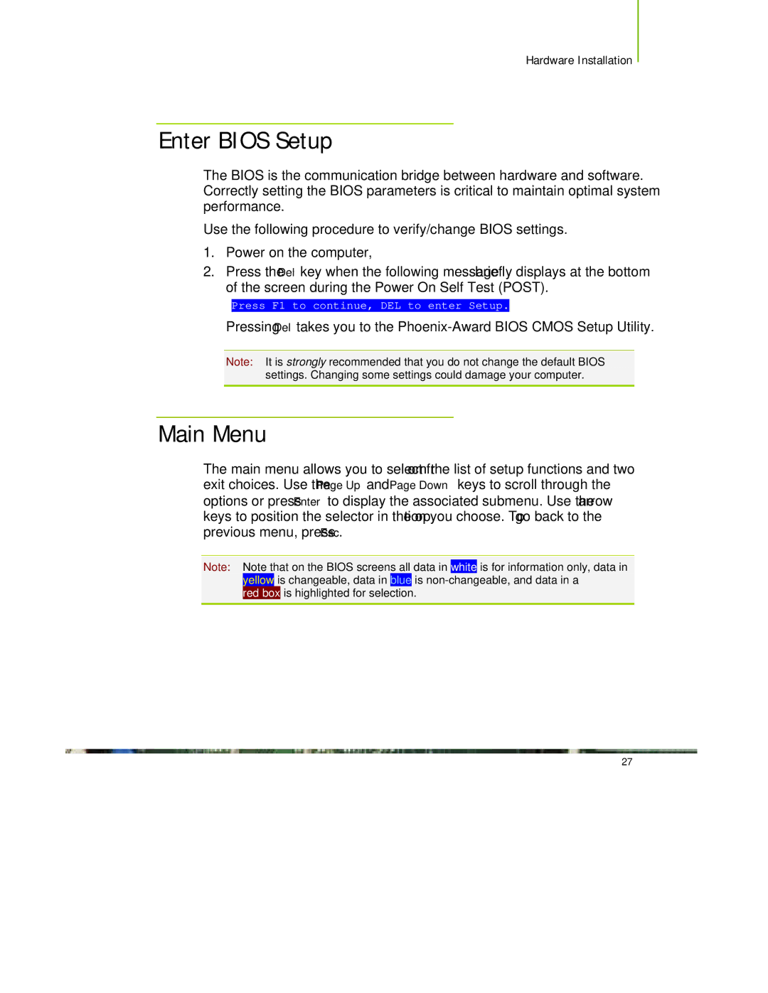 EVGA 650I manual Enter Bios Setup, Main Menu 