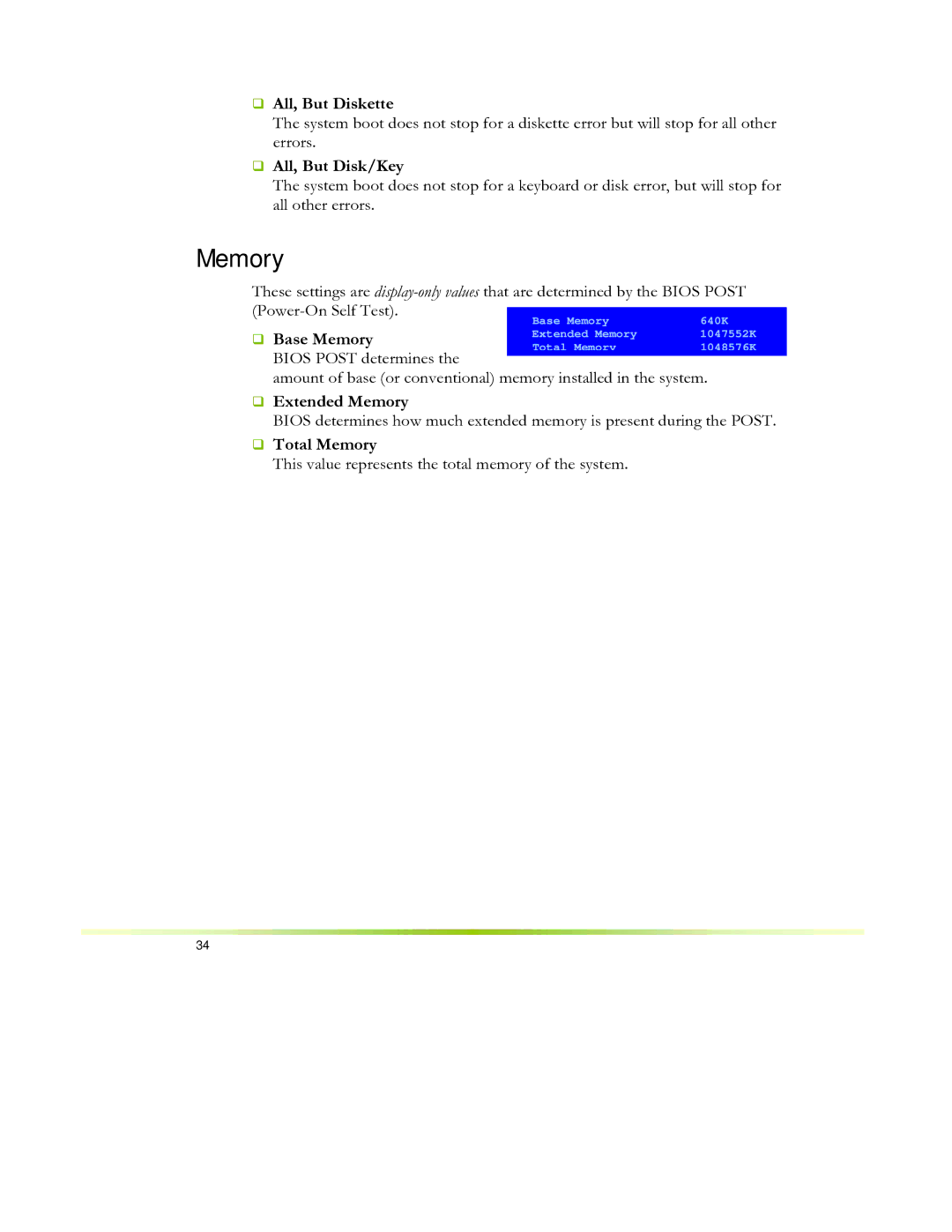 EVGA 650I manual ‰ All, But Diskette, ‰ All, But Disk/Key, ‰ Extended Memory, ‰ Total Memory 