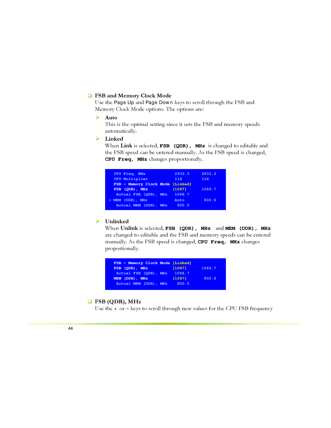 EVGA 650I manual ‰ FSB and Memory Clock Mode, ¾ Linked, ¾ Unlinked, ‰ FSB QDR, MHz 