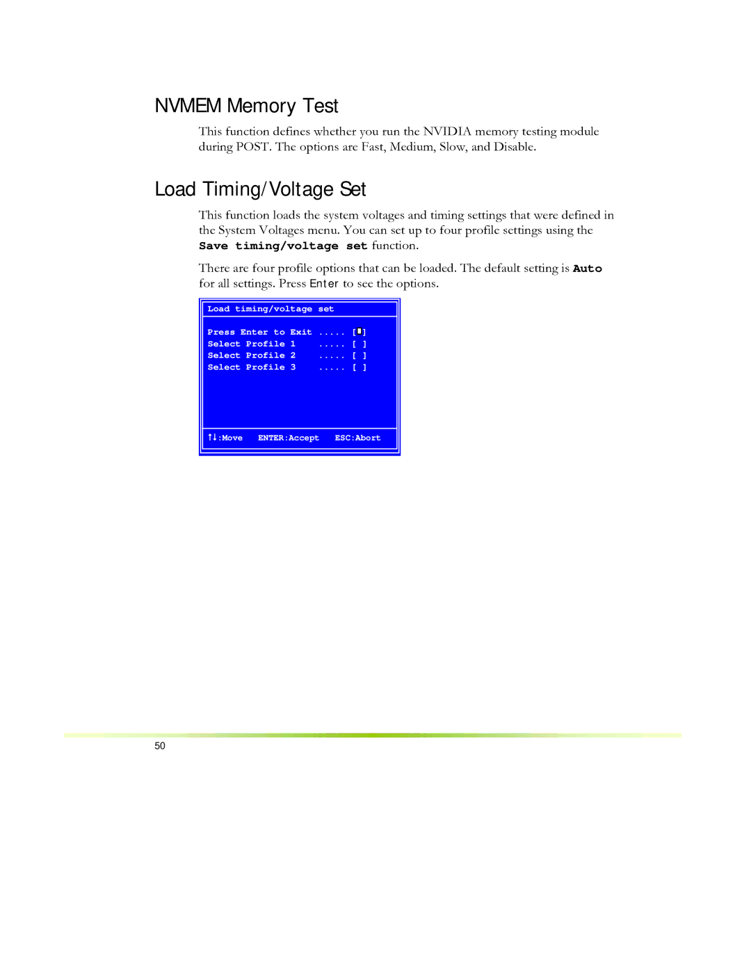 EVGA 650I manual Nvmem Memory Test, Load Timing/Voltage Set 