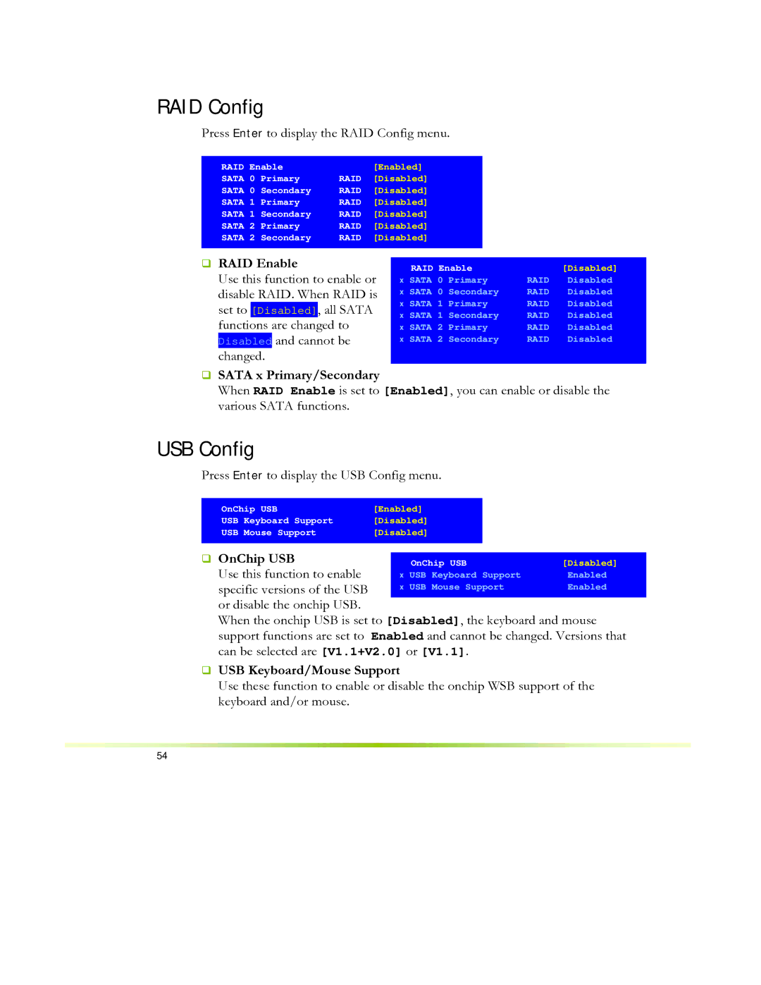 EVGA 650I manual RAID Config, USB Config, ‰ RAID Enable, ‰ Sata x Primary/Secondary, ‰ USB Keyboard/Mouse Support 