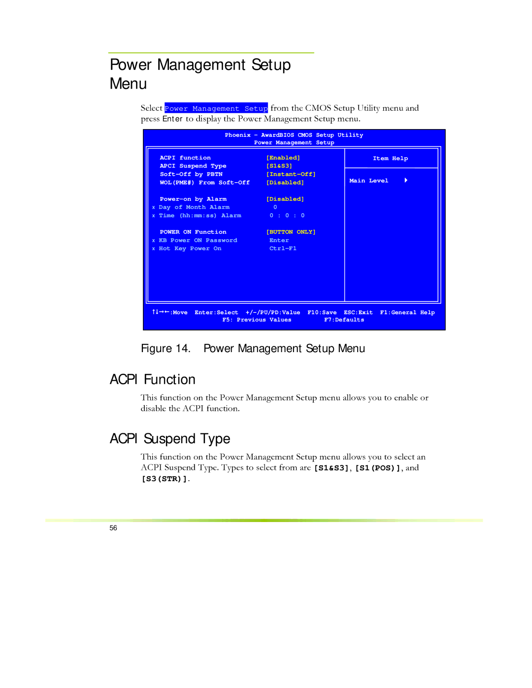 EVGA 650I manual Power Management Setup Menu, Acpi Function, Acpi Suspend Type 