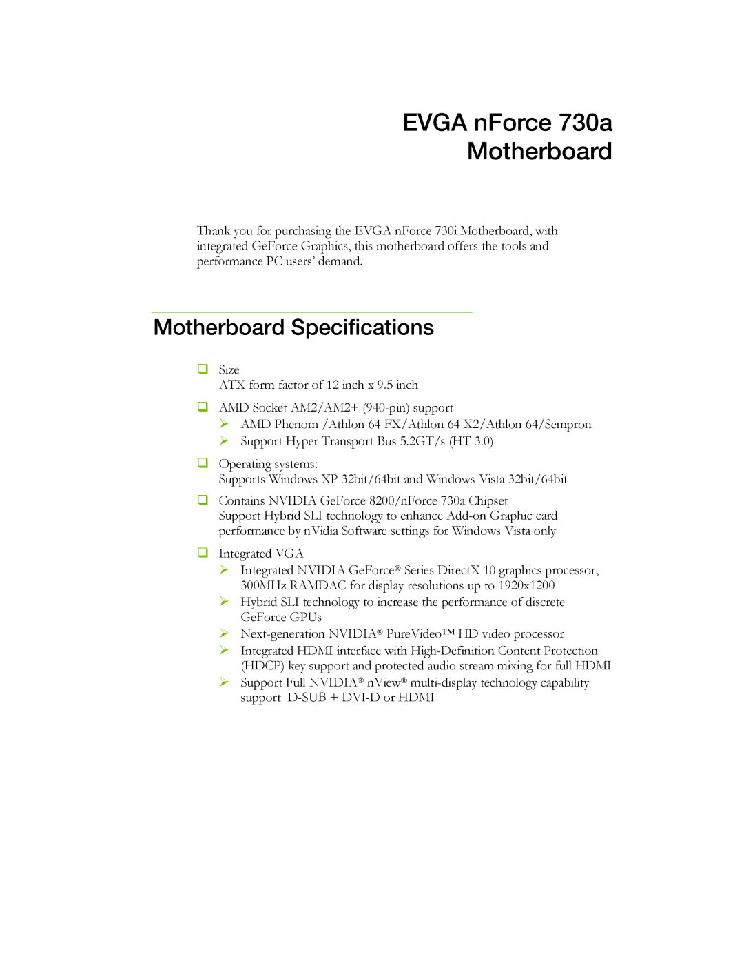 EVGA manual Evga nForce 730a Motherboard, Motherboard Specifications 