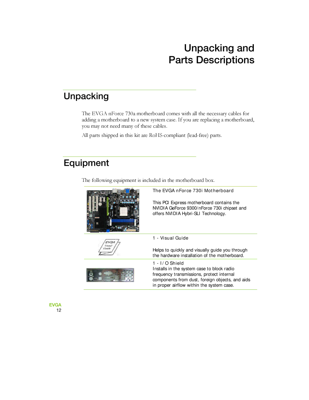 EVGA 730a manual Unpacking, Equipment 