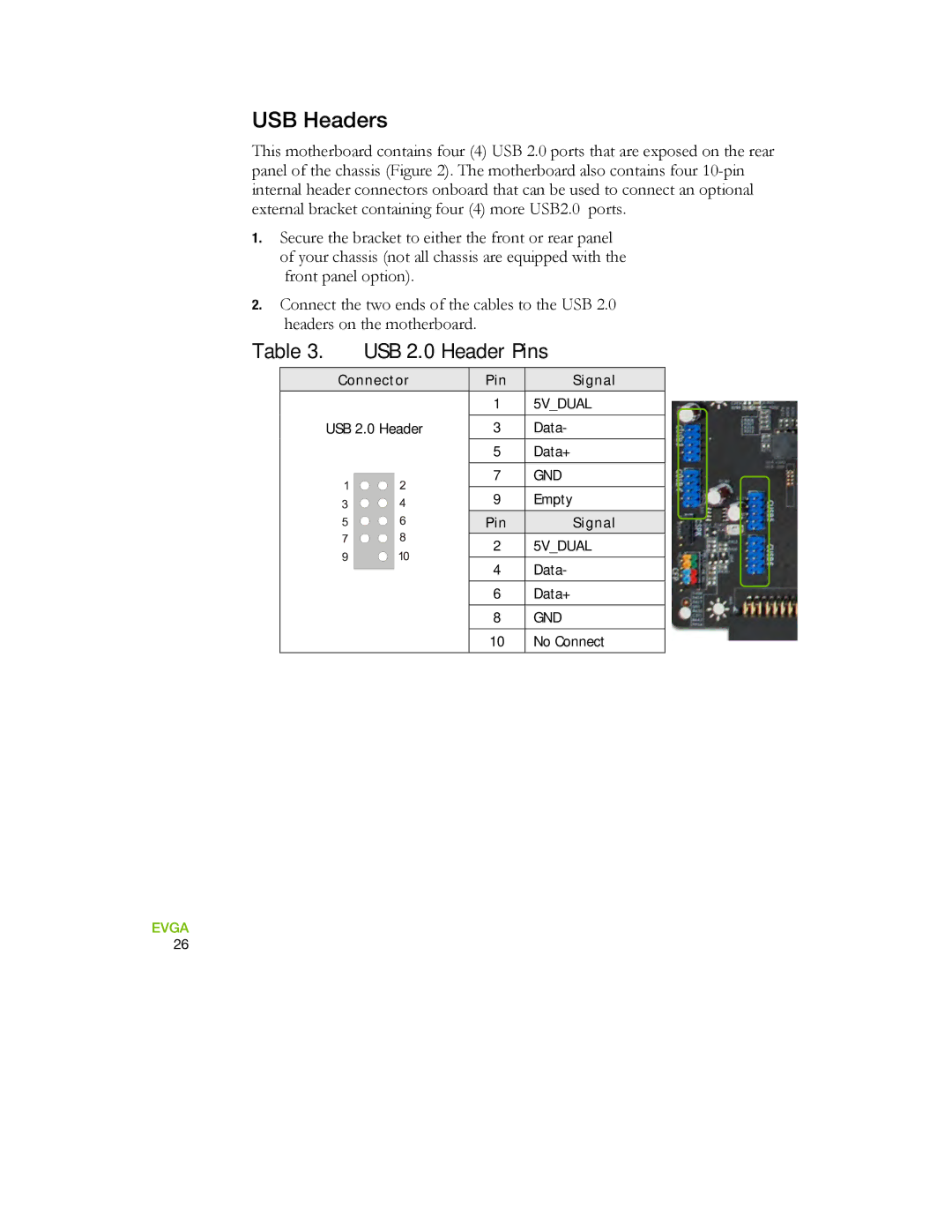 EVGA 730a manual USB Headers, USB 2.0 Header Pins 