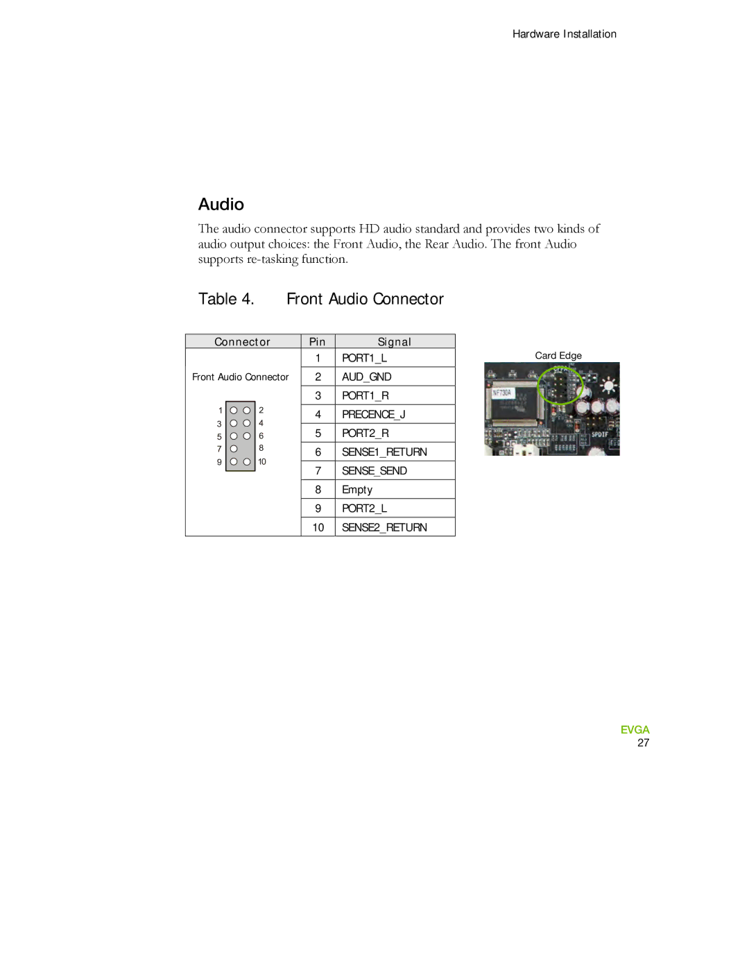 EVGA 730a manual Front Audio Connector 