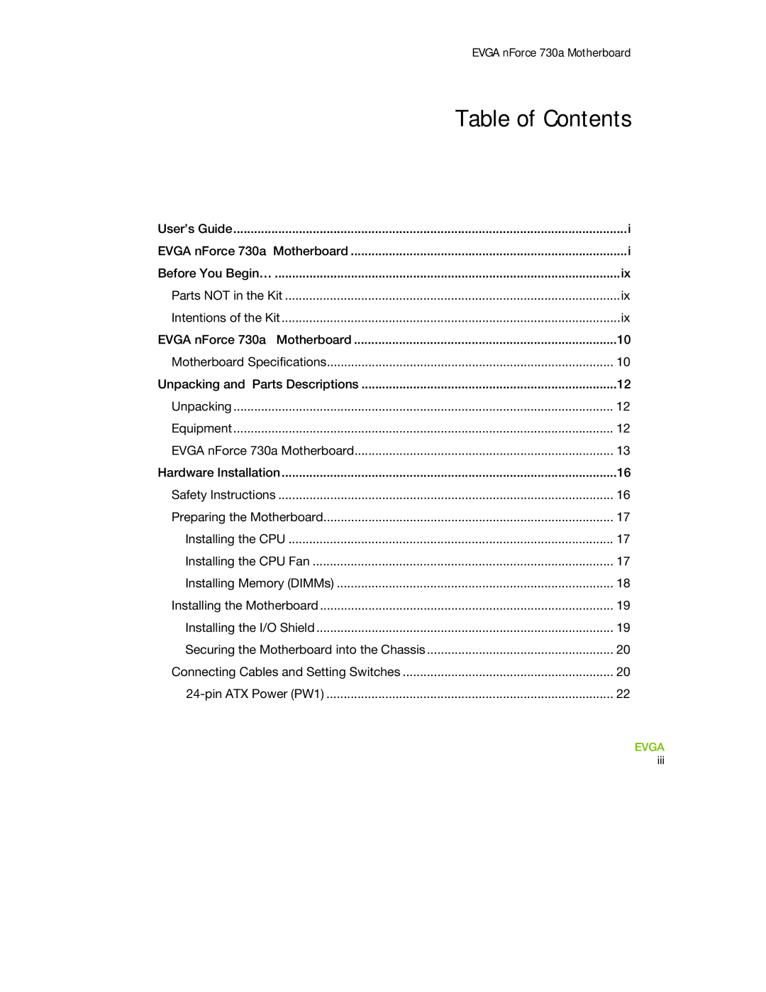 EVGA 730a manual Table of Contents 