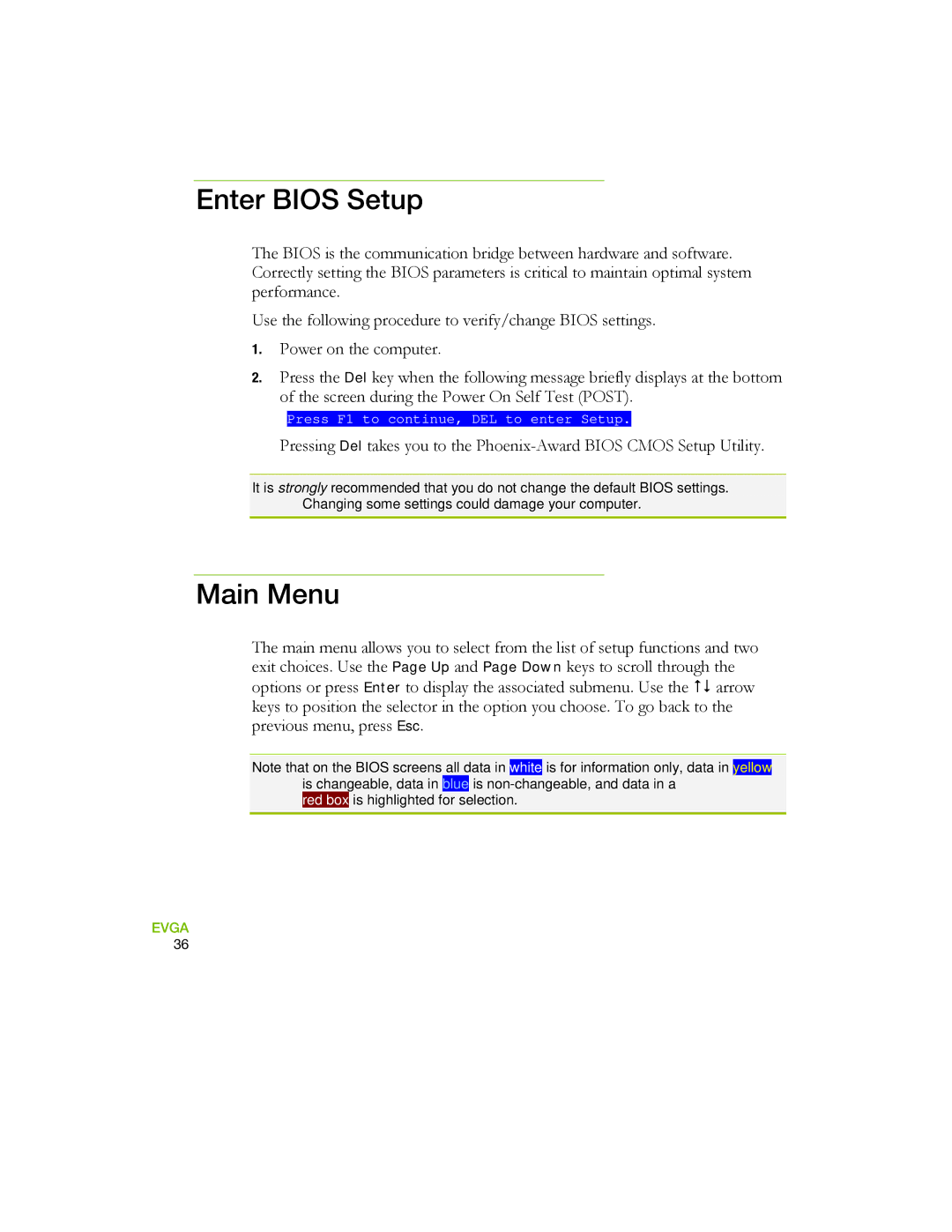 EVGA 730a manual Enter Bios Setup, Main Menu 