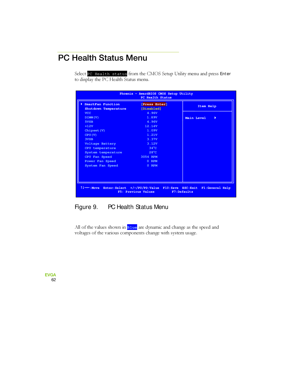 EVGA 730a manual PC Health Status Menu, 3VSB 