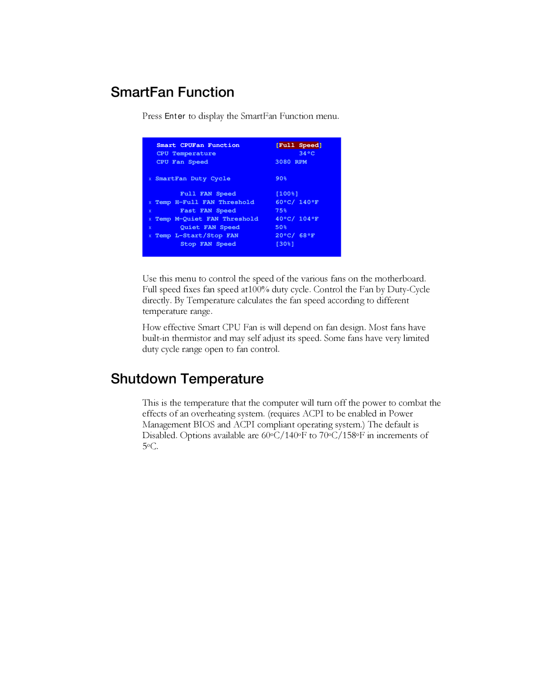 EVGA 730a manual SmartFan Function, Shutdown Temperature 