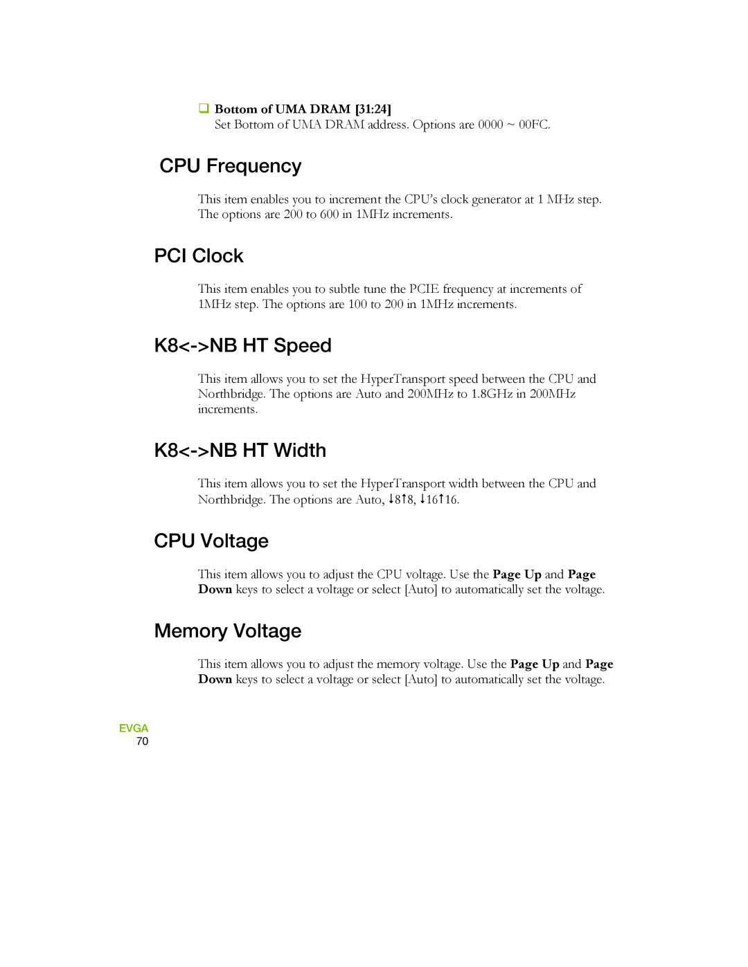 EVGA 730a manual CPU Frequency, PCI Clock, K8-NB HT Speed, K8-NB HT Width, CPU Voltage, Memory Voltage 