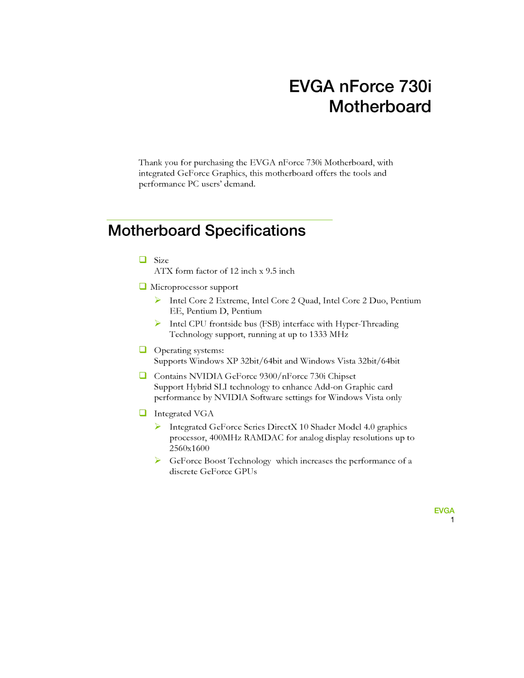 EVGA 730I manual Evga nForce Motherboard, Motherboard Specifications 