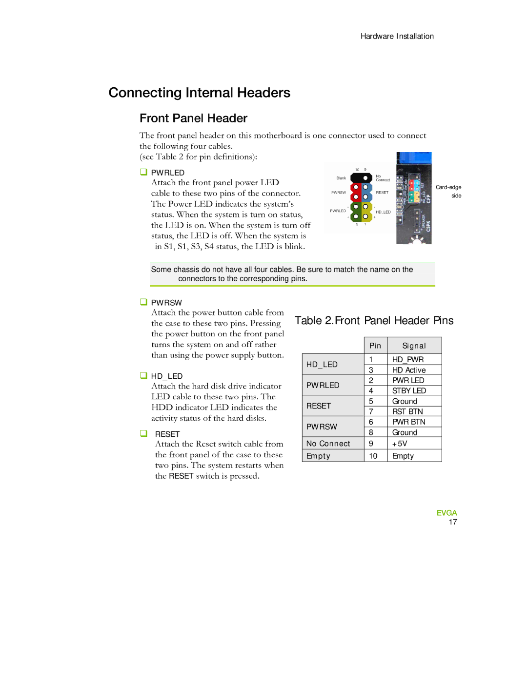 EVGA 730I manual Connecting Internal Headers, Front Panel Header 