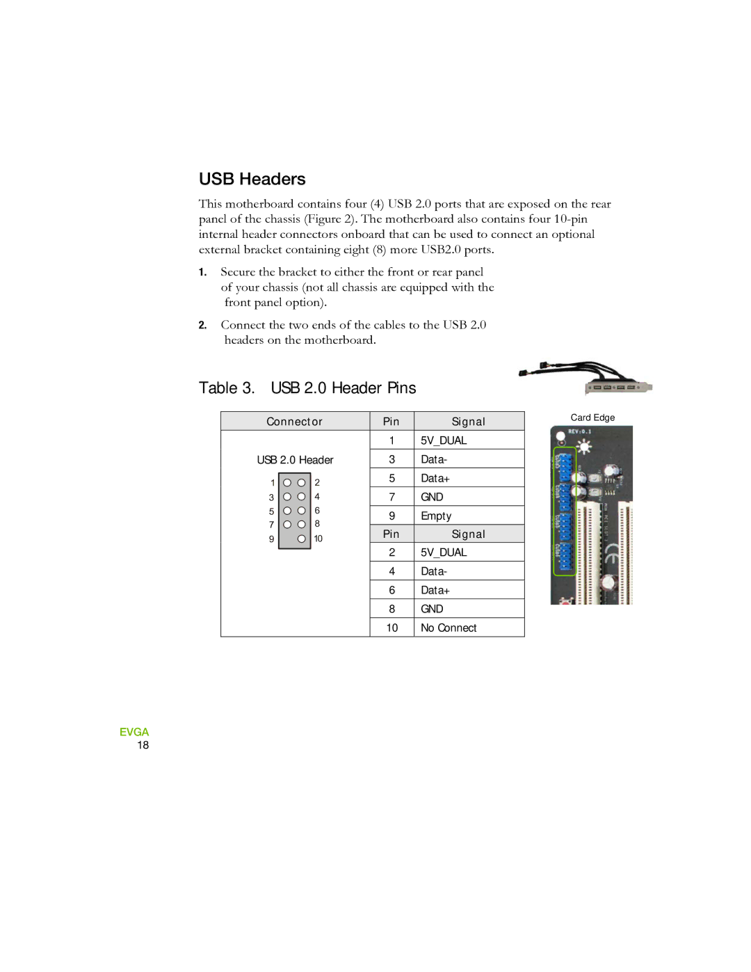 EVGA 730I manual USB Headers, USB 2.0 Header Pins 