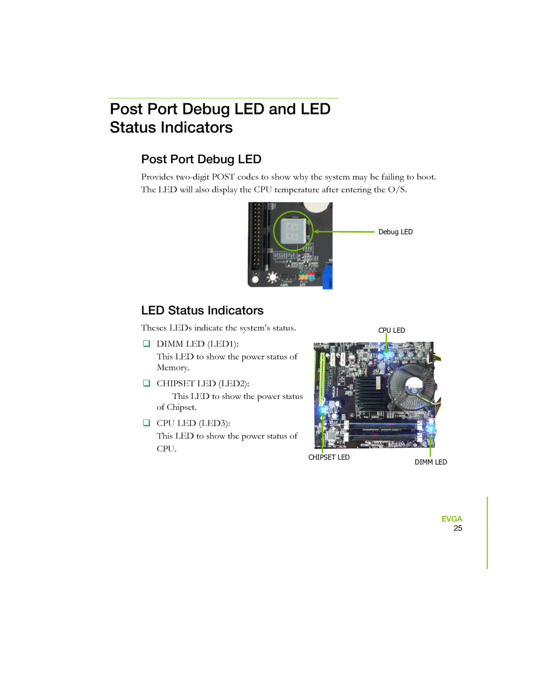 EVGA 730I manual Post Port Debug LED and LED Status Indicators 