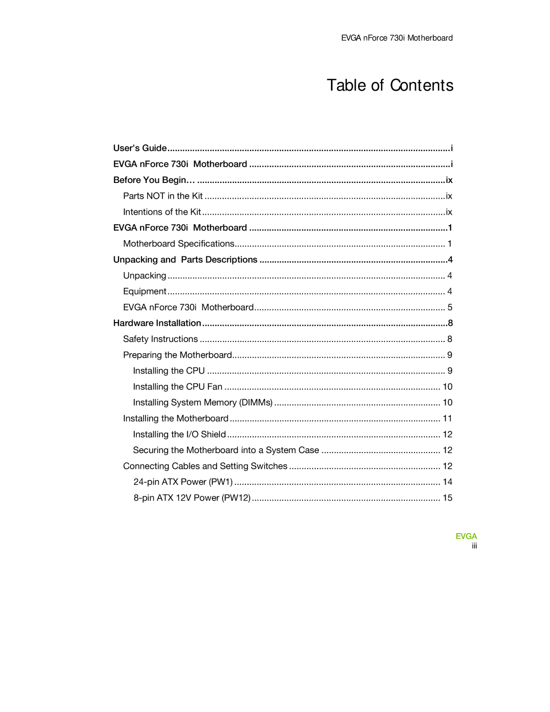 EVGA 730I manual Table of Contents 