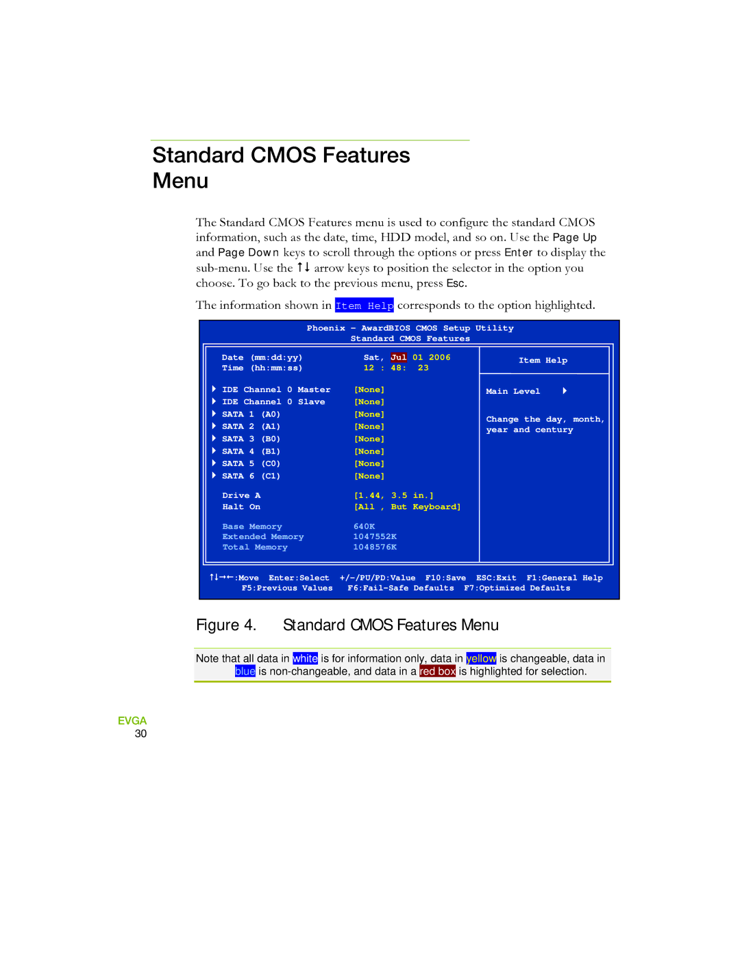 EVGA 730I manual Standard Cmos Features Menu 