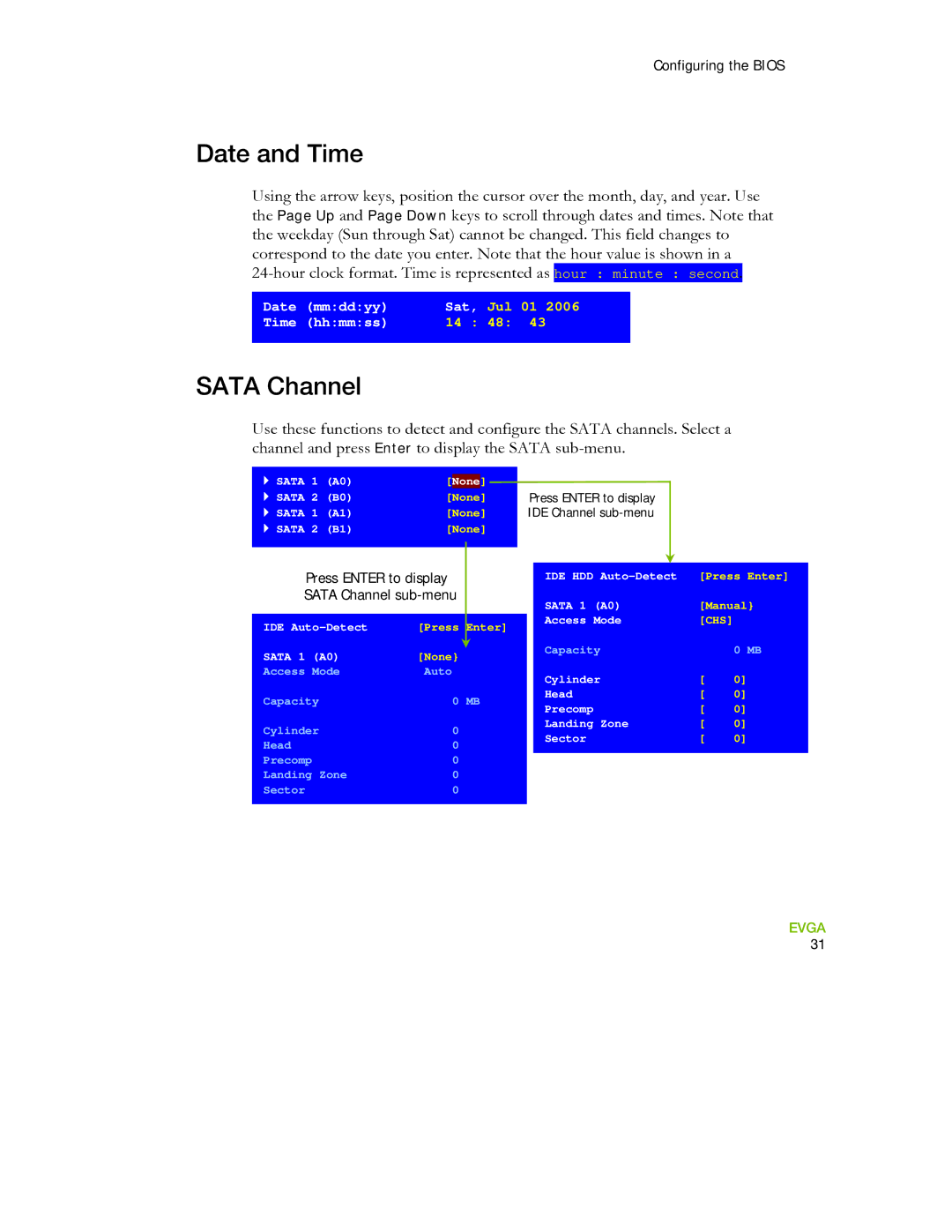 EVGA 730I manual Date and Time, Sata Channel 