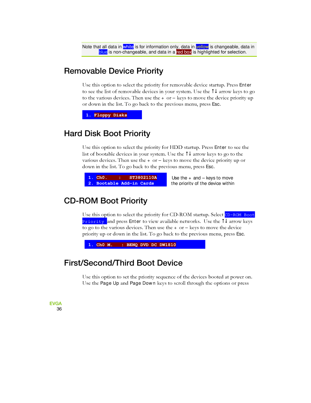 EVGA 730I manual Removable Device Priority, Hard Disk Boot Priority, CD-ROM Boot Priority, First/Second/Third Boot Device 