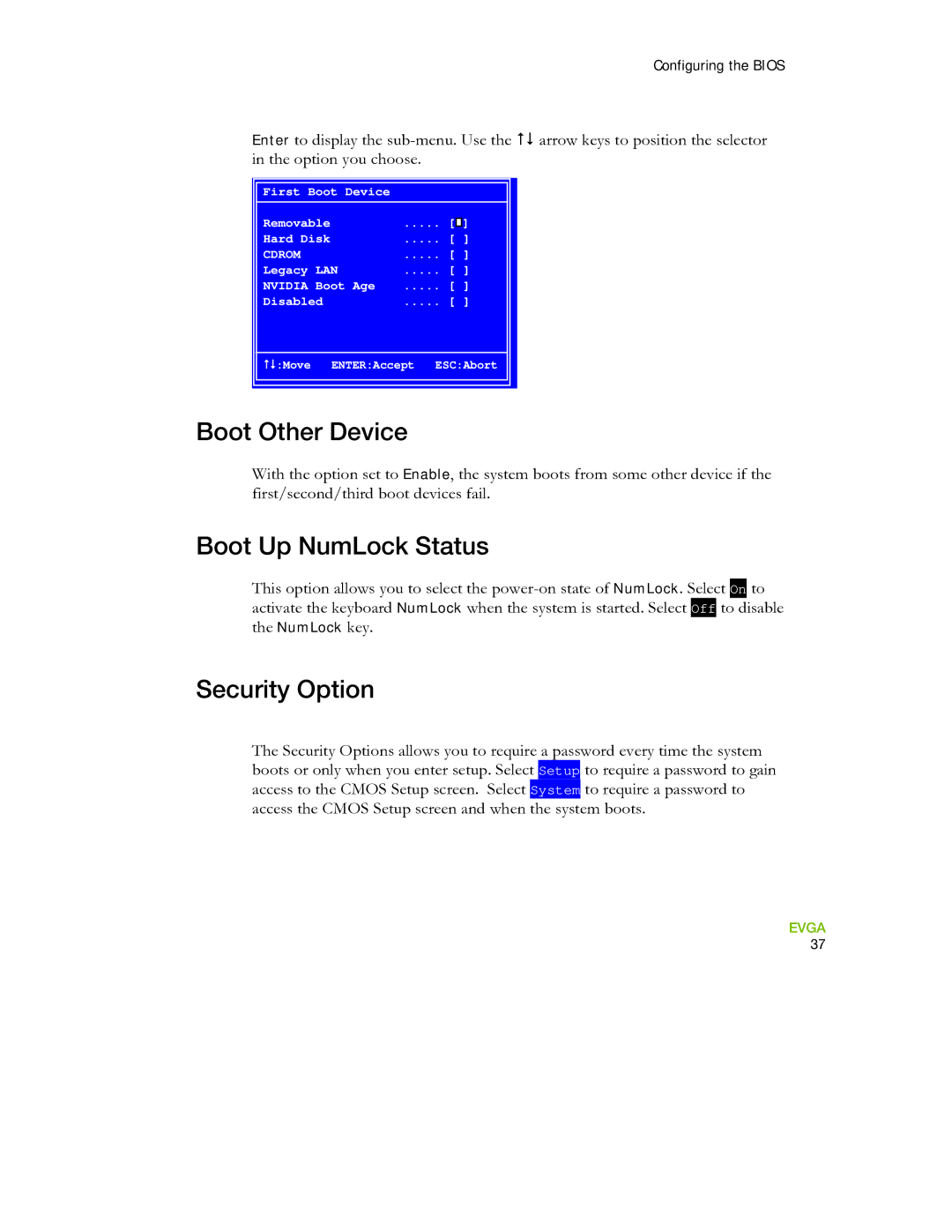 EVGA 730I manual Boot Other Device, Boot Up NumLock Status, Security Option 