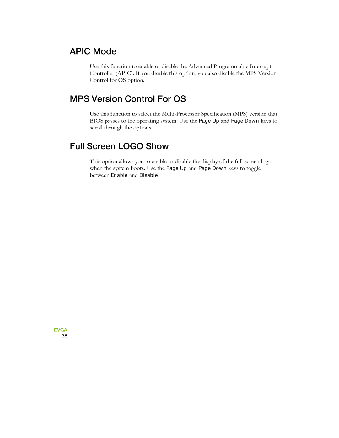 EVGA 730I manual Apic Mode, MPS Version Control For OS, Full Screen Logo Show 