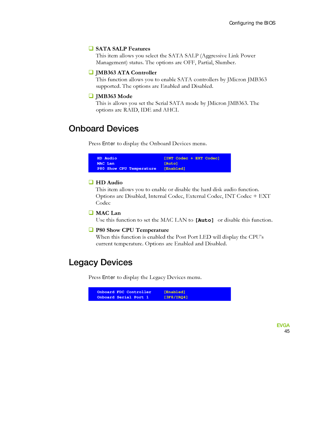 EVGA 730I manual Onboard Devices, Legacy Devices 