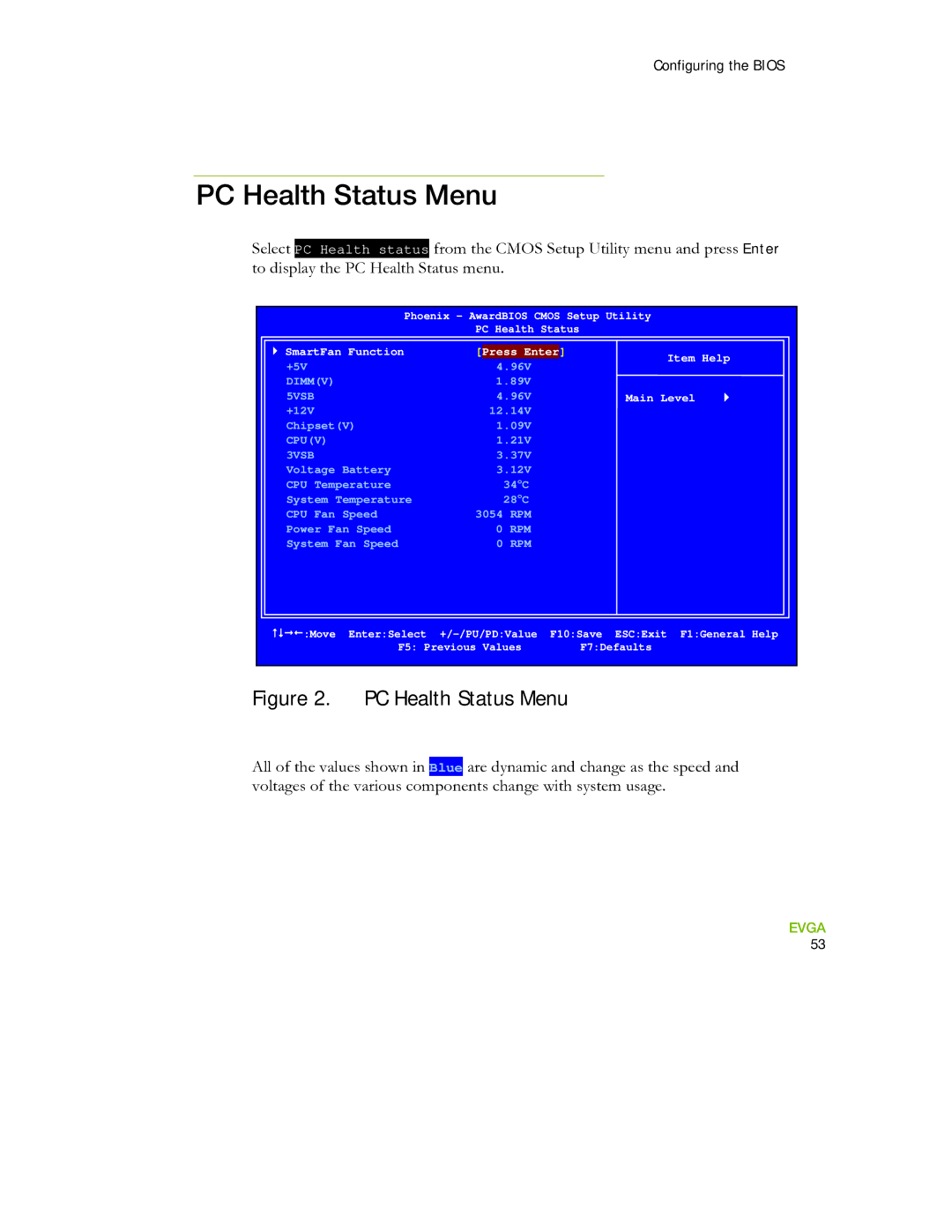 EVGA 730I manual PC Health Status Menu 