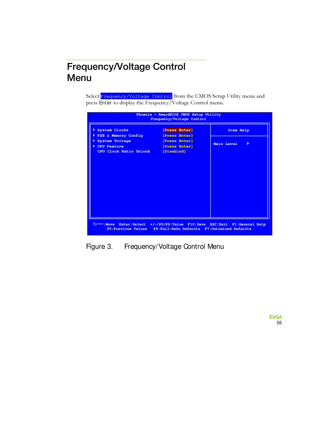 EVGA 730I manual Frequency/Voltage Control Menu, Cpu 