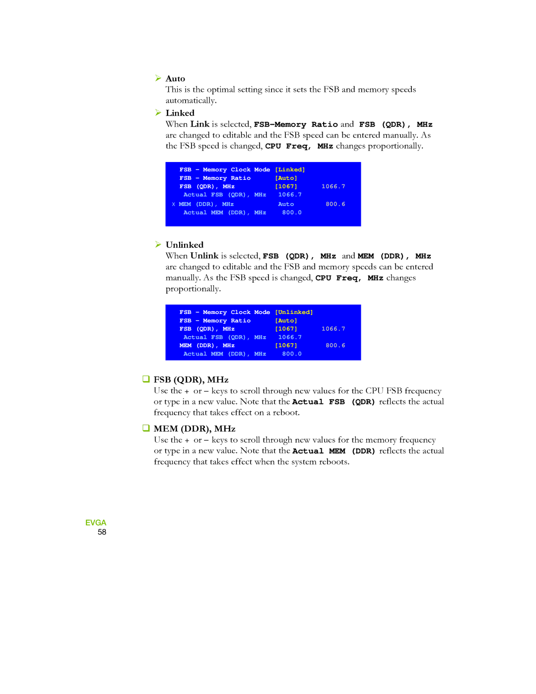 EVGA 730I manual ¾ Linked, ¾ Unlinked, ‰ FSB QDR, MHz, ‰ MEM DDR, MHz 