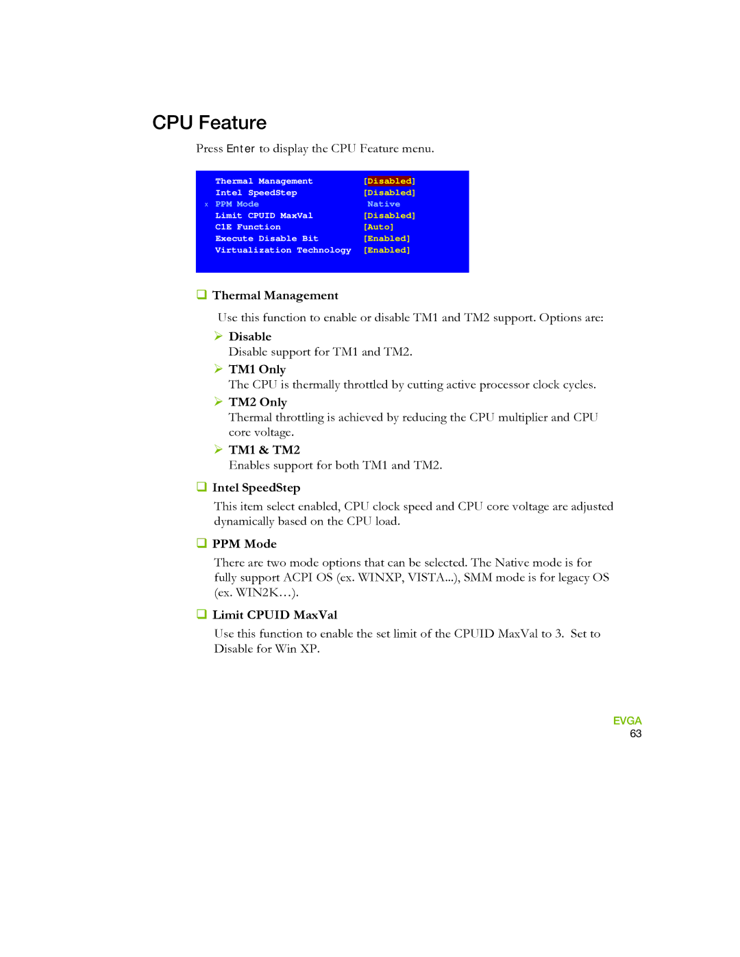 EVGA 730I manual CPU Feature 