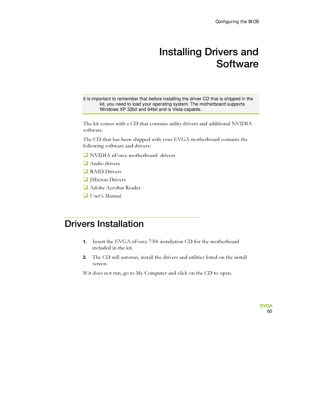 EVGA 730I manual Installing Drivers Software, Drivers Installation 
