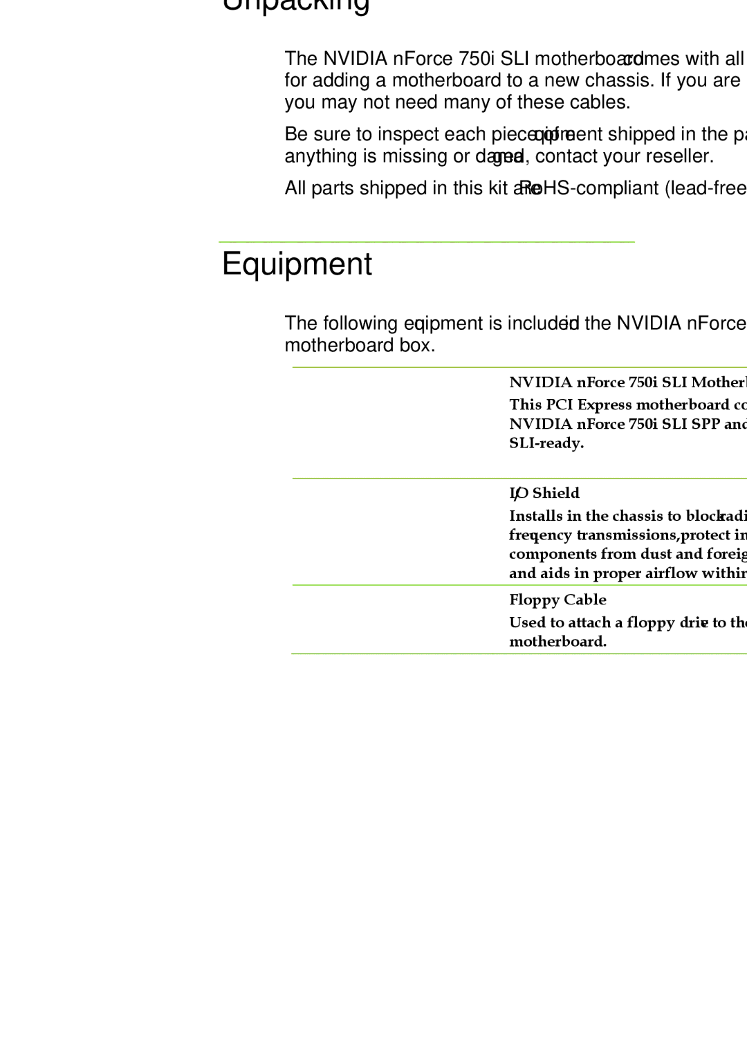 EVGA 750i SLI manual Unpacking Parts Descriptions 