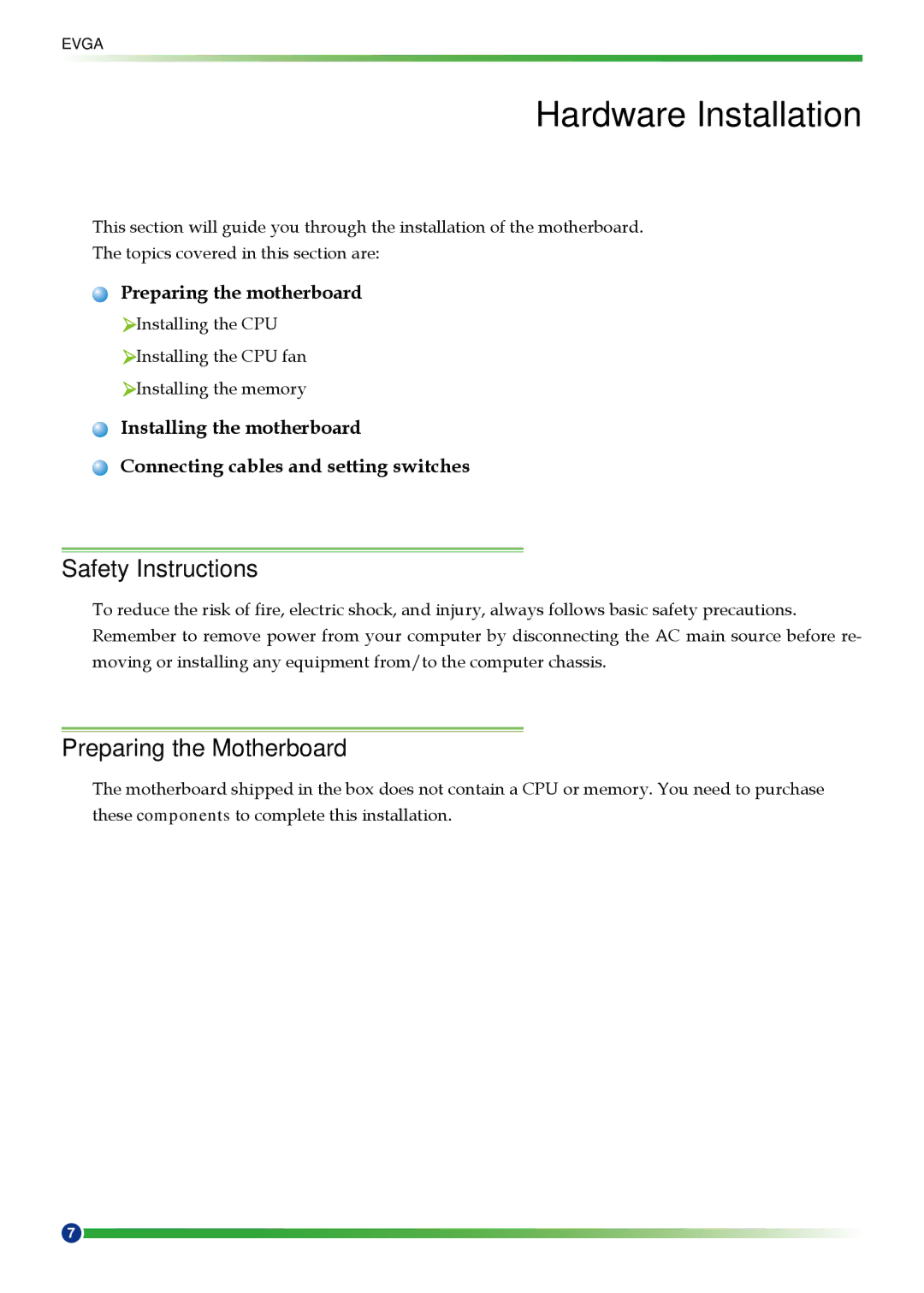 EVGA 750i SLI manual Safety Instructions, Preparing the Motherboard, Preparing the motherboard 