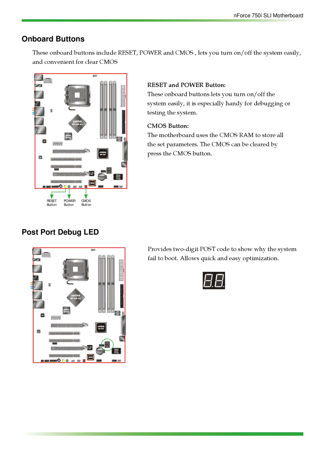 EVGA 750i SLI manual Onboard Buttons, Post Port Debug LED 