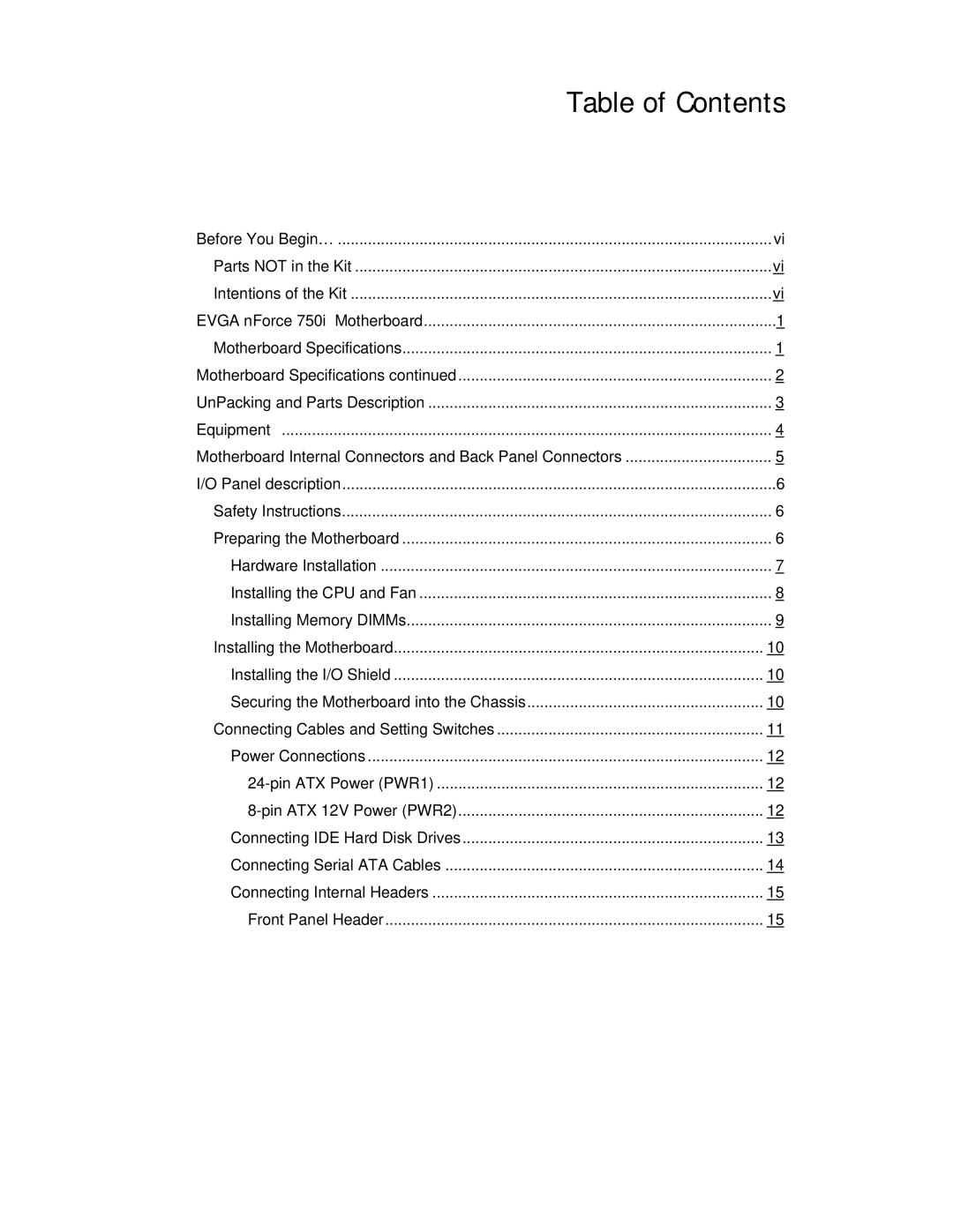 EVGA 750i SLI manual Table of Contents 