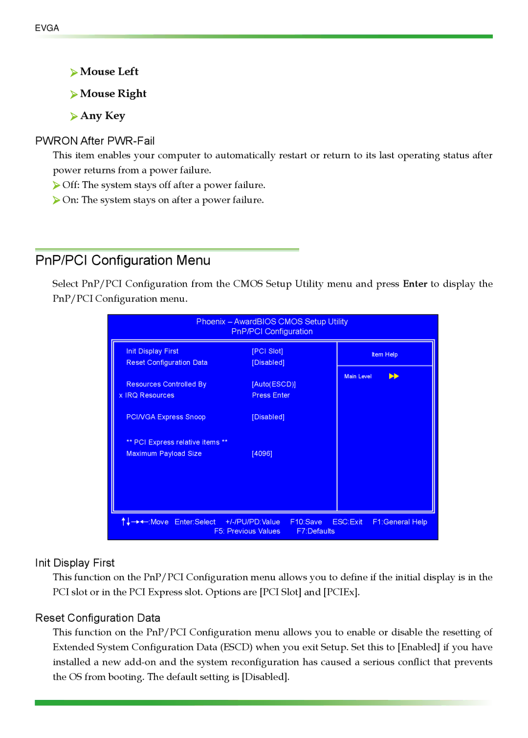 EVGA 750i SLI PnP/PCI Configuration Menu, Mouse Left Mouse Right Any Key, Init Display First, Reset Configuration Data 