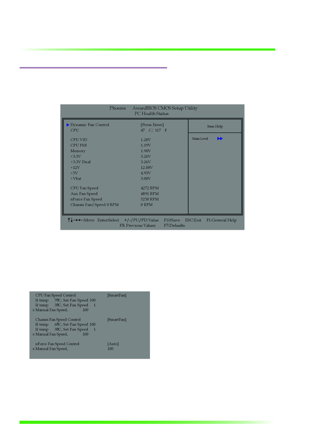 EVGA 750i SLI manual Dynamic Fan Control, Phoenix AwardBIOS Cmos Setup Utility PC Health Status 