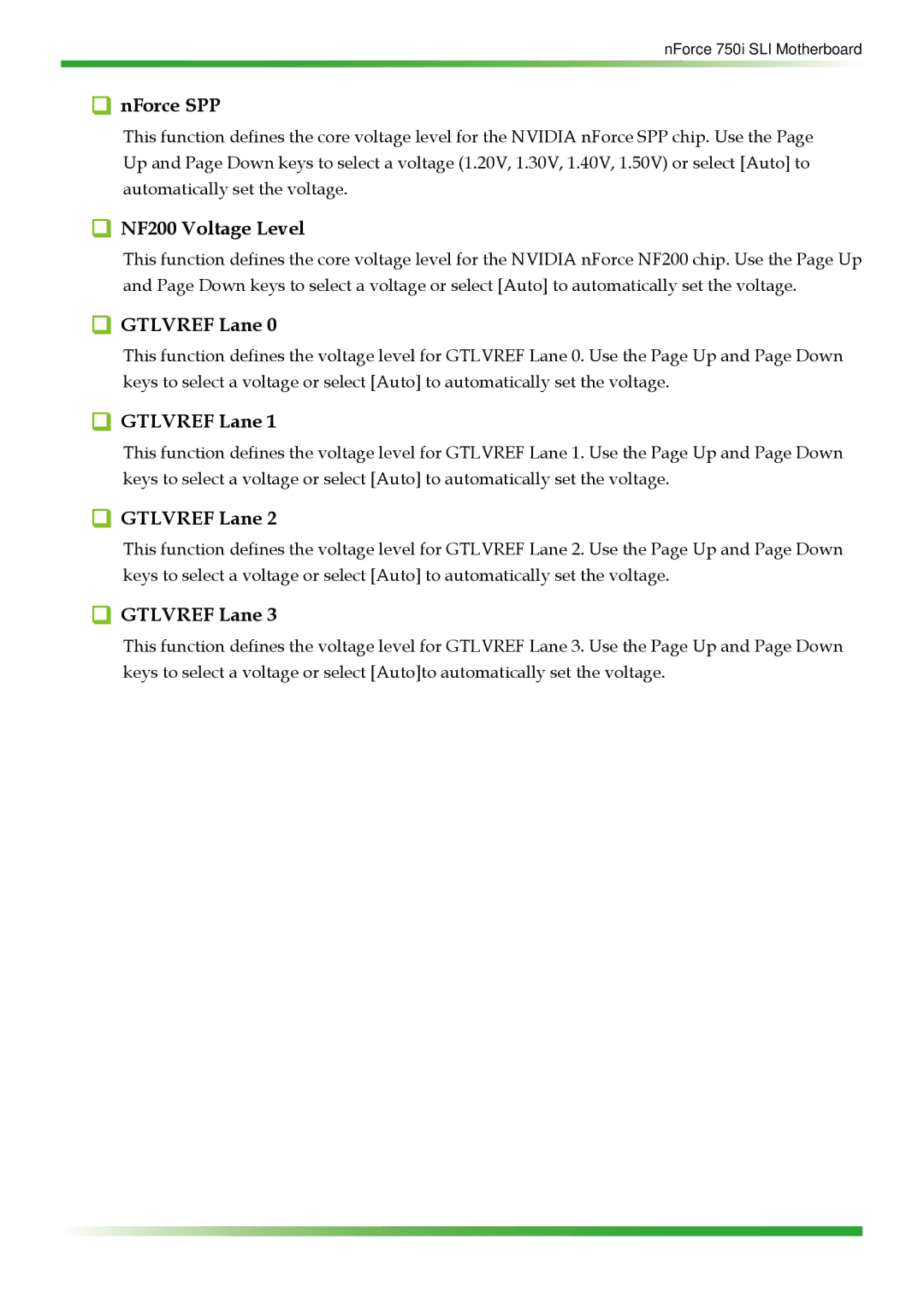 EVGA 750i SLI manual NForce SPP, NF200 Voltage Level, Gtlvref Lane 