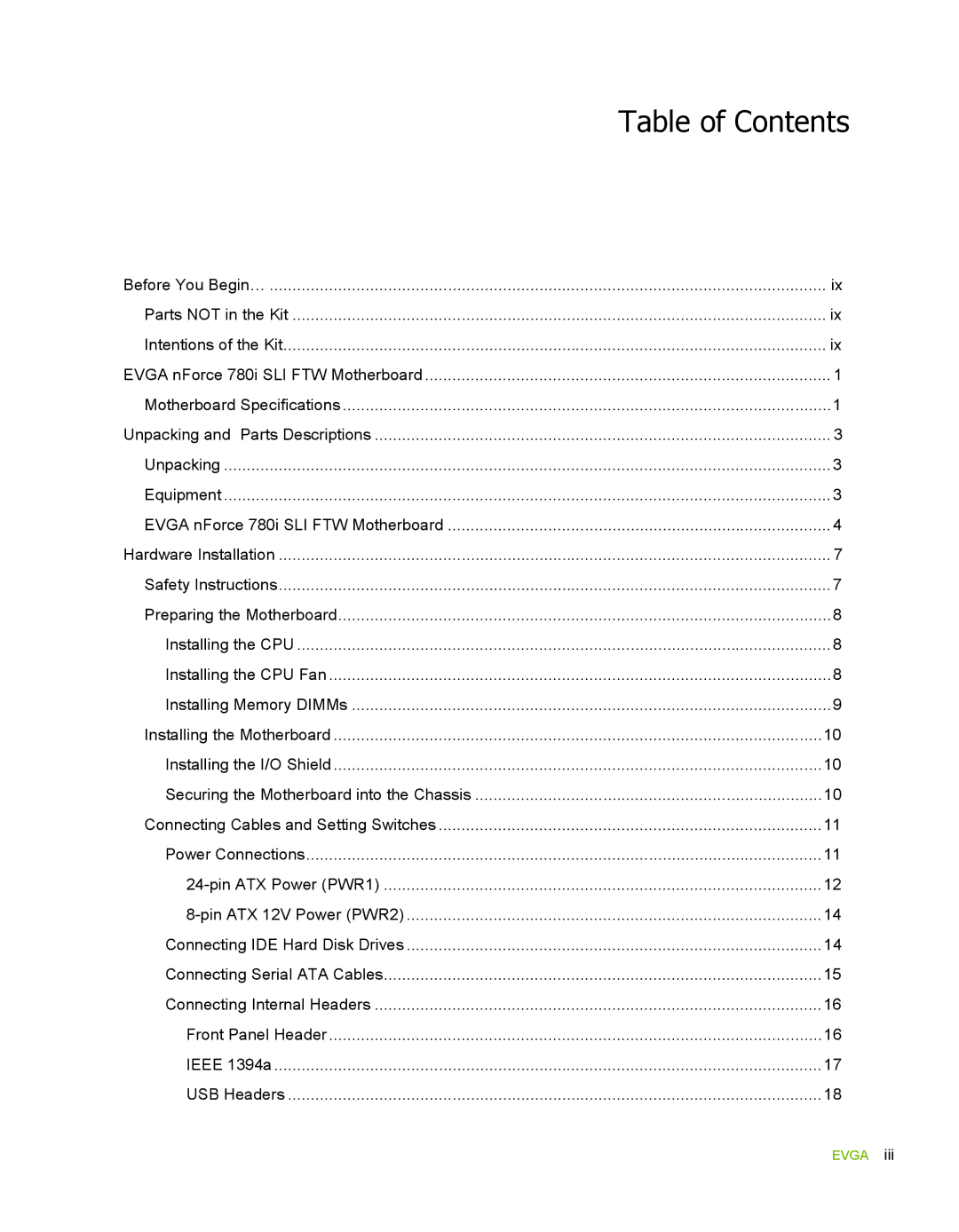 EVGA 132-YW-E178, 780i SLI FTW manual Table of Contents 