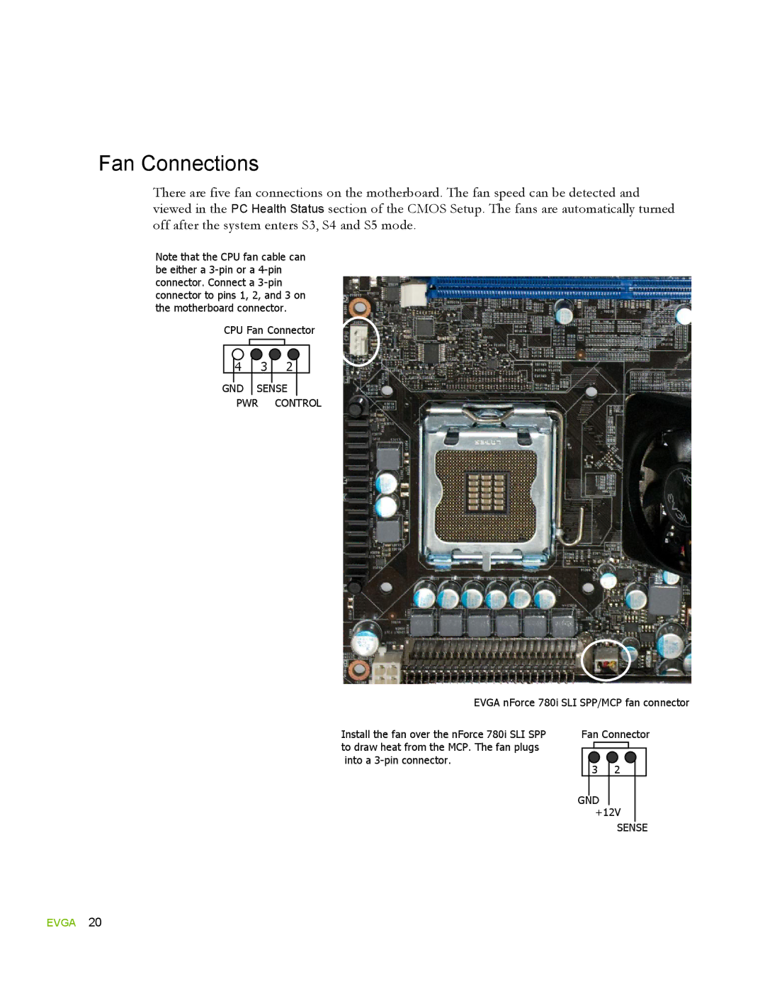 EVGA 780i SLI FTW, 132-YW-E178 manual Fan Connections, GND Sense PWR 