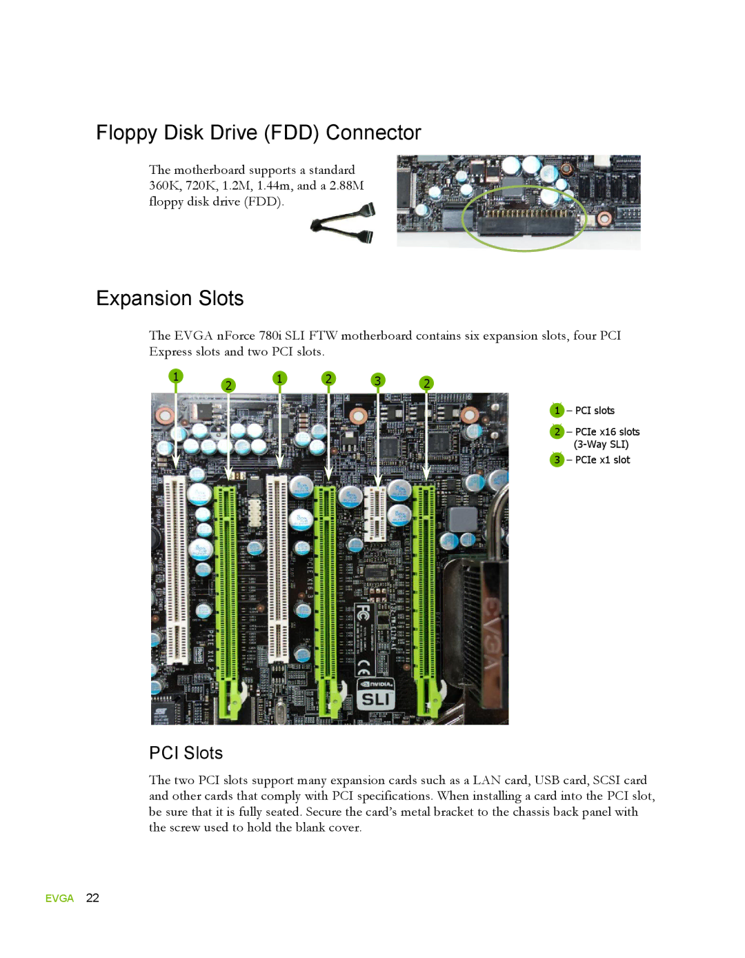 EVGA 780i SLI FTW, 132-YW-E178 manual Floppy Disk Drive FDD Connector, Expansion Slots 