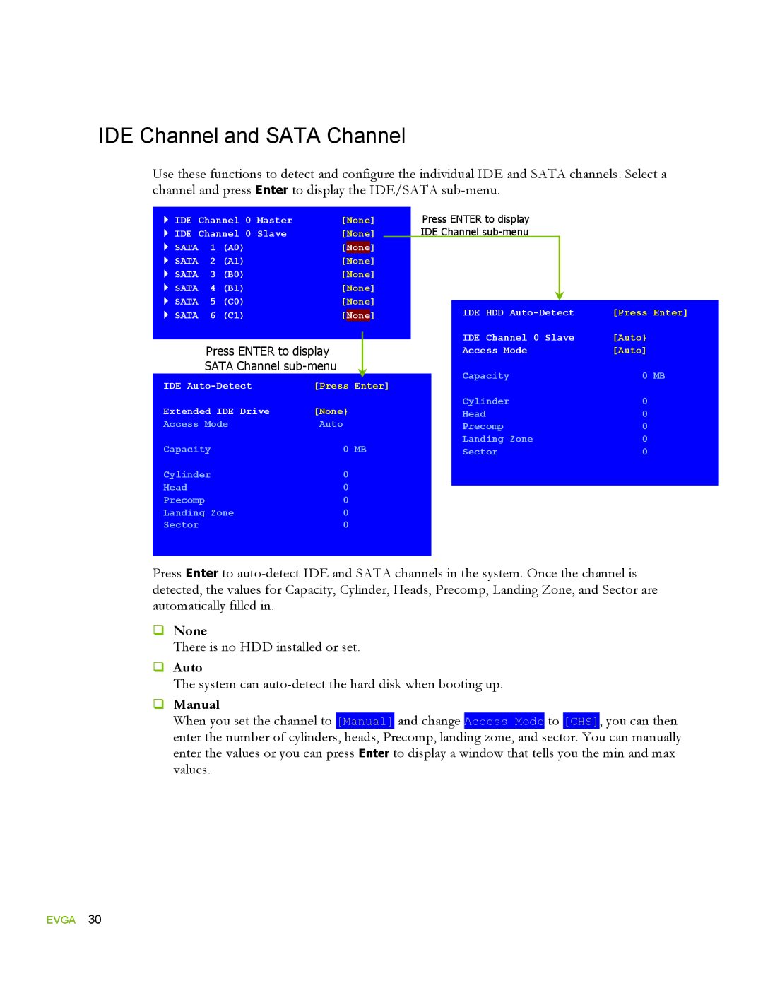 EVGA 780i SLI FTW, 132-YW-E178 manual IDE Channel and Sata Channel,  None,  Auto,  Manual 