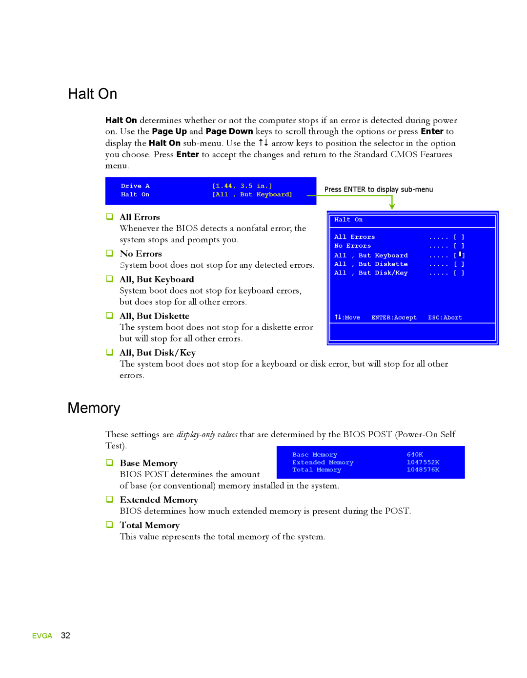 EVGA 780i SLI FTW, 132-YW-E178 manual Halt On, Memory 