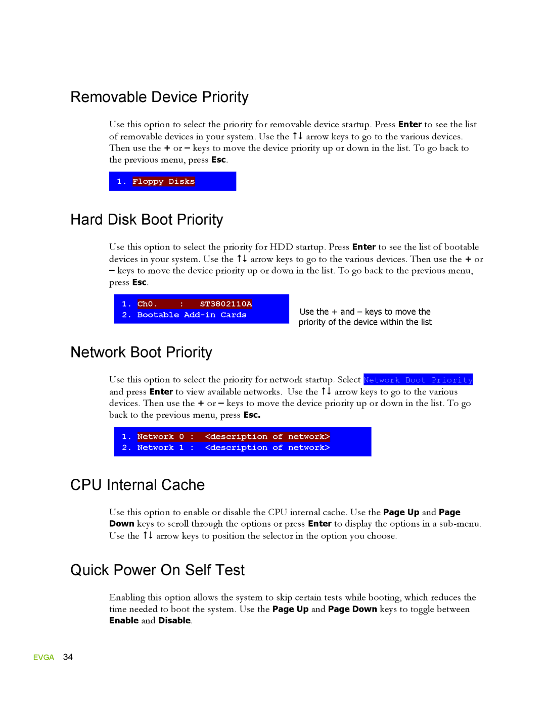 EVGA 780i SLI FTW manual Removable Device Priority, Hard Disk Boot Priority, Network Boot Priority, CPU Internal Cache 