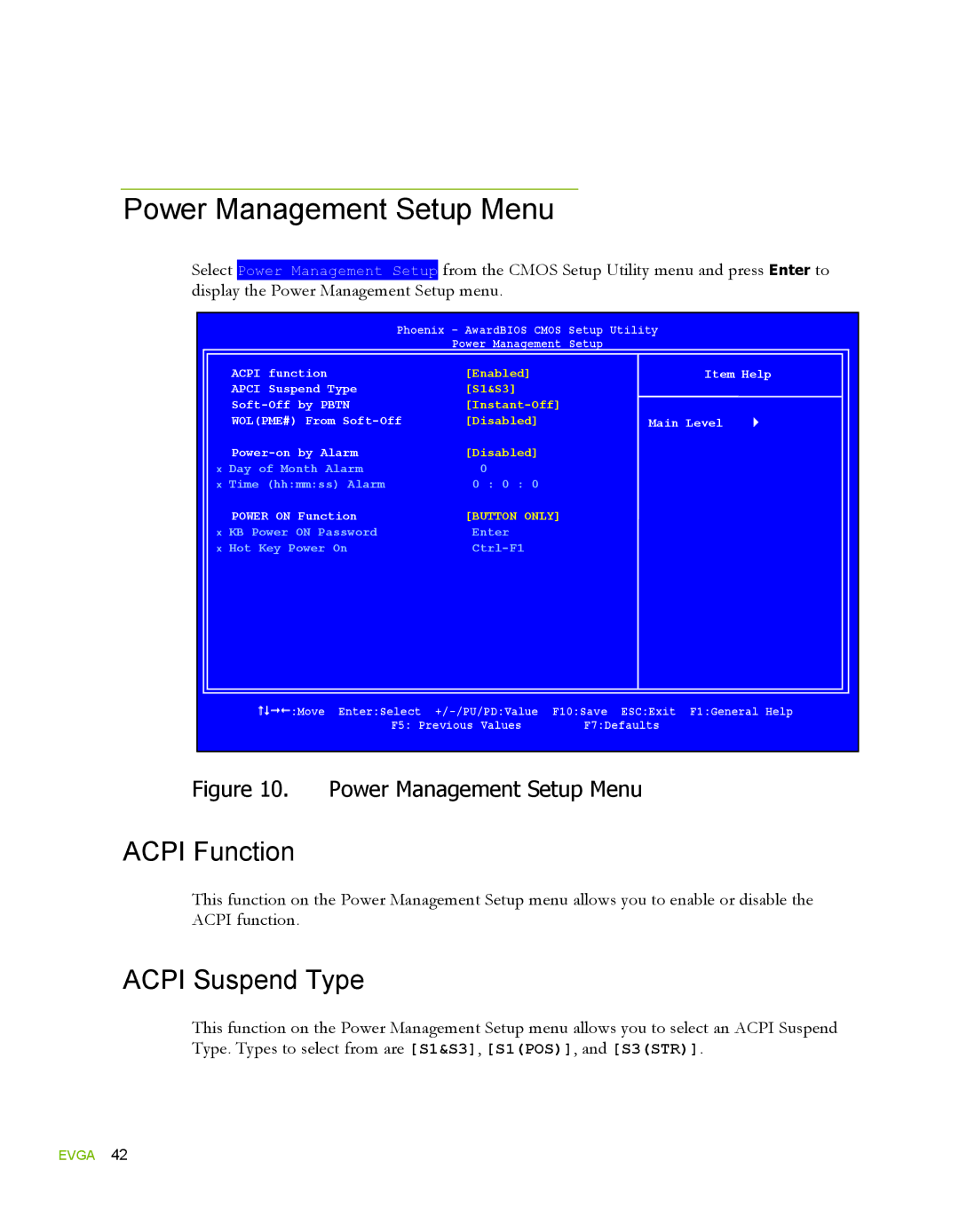 EVGA 780i SLI FTW, 132-YW-E178 manual Power Management Setup Menu, Acpi Function, Acpi Suspend Type 