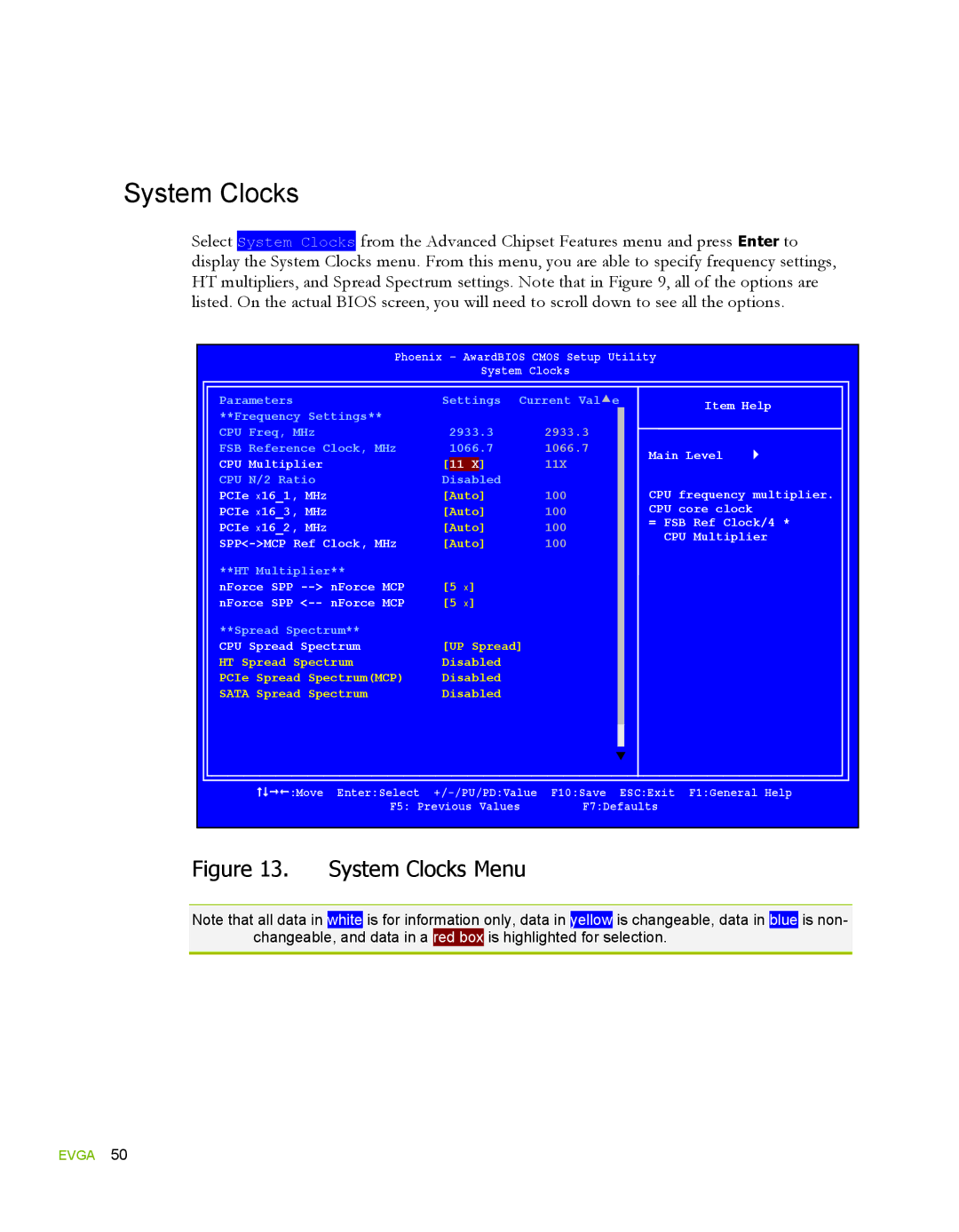 EVGA 132-YW-E178, 780i SLI FTW manual Phoenix AwardBIOS Cmos Setup Utility System Clocks 