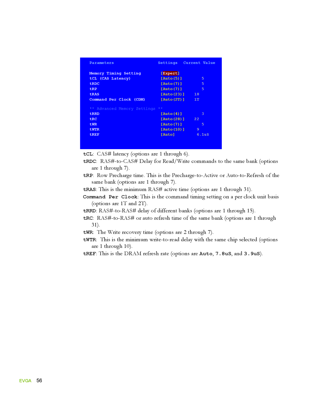 EVGA 132-YW-E178, 780i SLI FTW manual Memory Timing Setting Expert TCL CAS Latency 