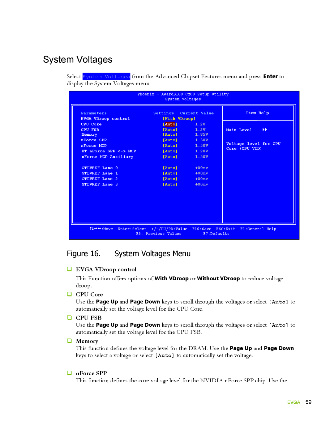 EVGA 780i SLI FTW, 132-YW-E178 manual System Voltages,  Evga VDroop control,  Memory,  nForce SPP 